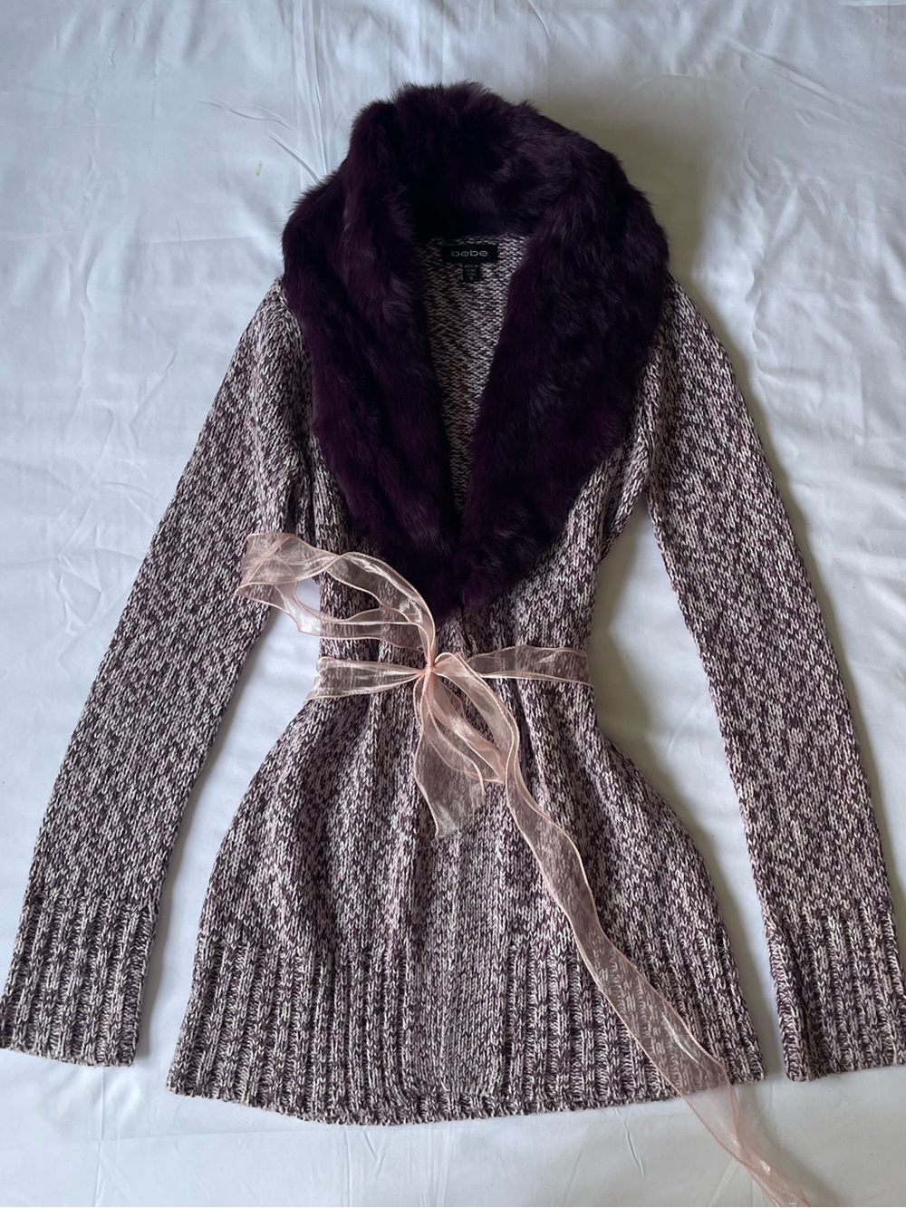 bebe Plum Marled Knit Cardigan with Faux Fur Shawl Collar